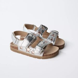 Zara Kids Metallic silver double-strap sandals with star detailing